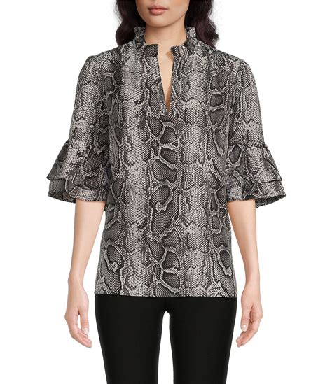 michael michael kors cerinna ruffle trim split neck knit top|Michael Kors snake print tops.